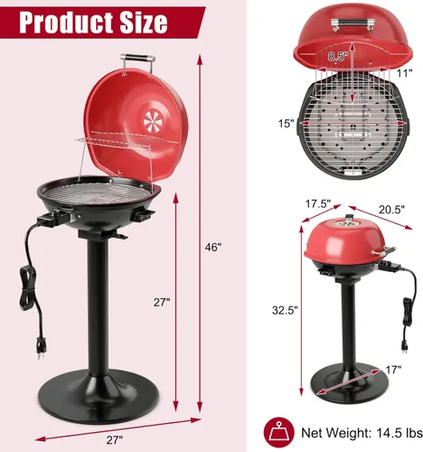 Miniatura 7 de ARLIME Parrilla eléctrica al aire libre de 1600 W, parrilla de barbacoa con estante de calentamiento para 15 porciones, temperatura ajustable, Rojo