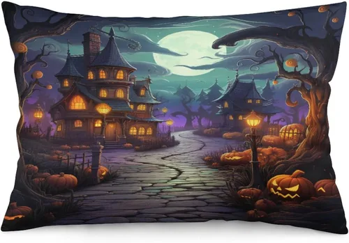 Miniatura 13 de Fundas de almohada frescas de casa embrujada, castillo, luna, bosque medieval, calabaza, fundas de almohada rectangulares con cremallera invisible