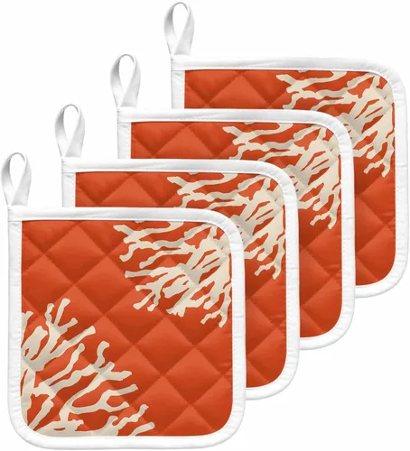 Miniatura 20 de Juego de 2 soportes para ollas de coral oceánico para cocina, platos para horno, almohadillas a prueba de calor con lazo para colgar, agarraderas