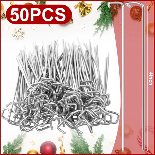 Miniatura 2 de Hicarer Paquete de 50 estacas para luces navideñas de 4 pulgadas, estacas de metal para el suelo, estacas de césped para el patio, luces de cadena