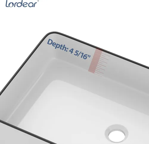 Miniatura 5 de Lordear Lavabo Rectangular de Baño Tipo Vasija 24X14 Pulgadas Lavabos de Baño Blancos de 24 Pulgadas con Borde Negro Lavabo de Cerámica Sobre