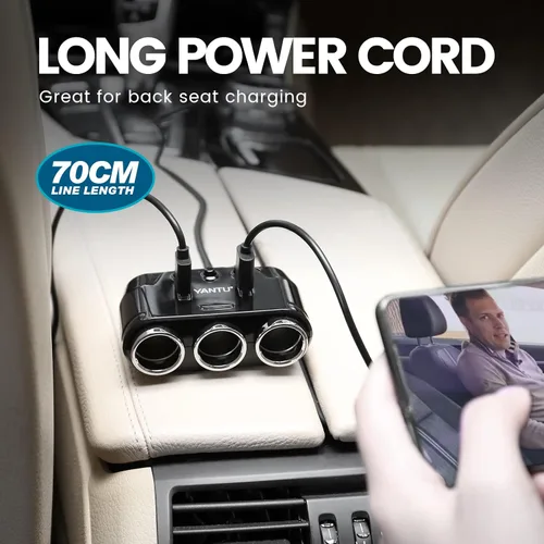 Miniatura 7 de YANTU Adaptador y divisor de encendedor de cigarrillos con 150W, 3 tomas y iluminación ambiental LED, doble carga rápida USB, salida de coche