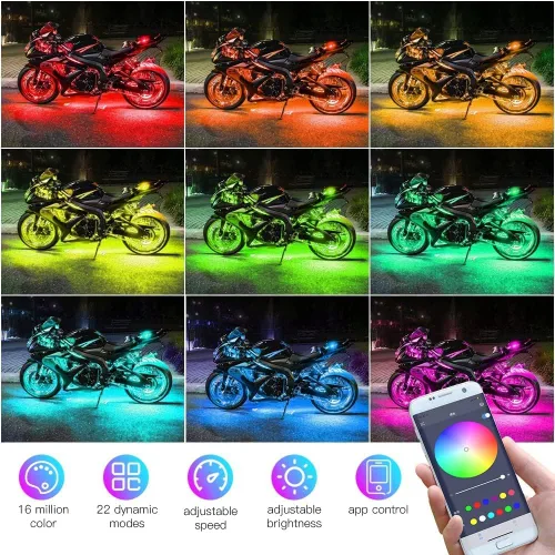 Miniatura 2 de Juego de 8 luces LED para motocicleta, control por aplicación, multicolor, kit de luces LED para motocicleta, sincronización de música, tiras