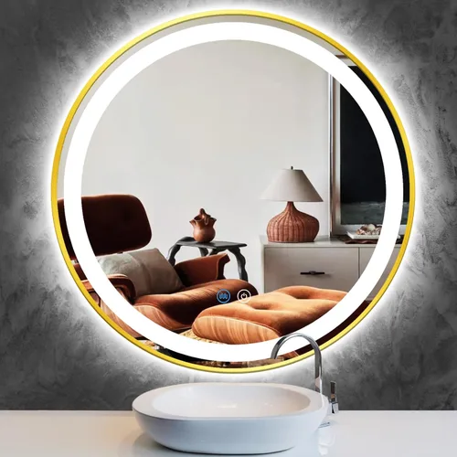 Miniatura 12 de Espejo de tocador redondo dorado con luces, luz frontal regulable de 3 colores, marco dorado de 16 pulgadas, espejo redondo iluminado para baño