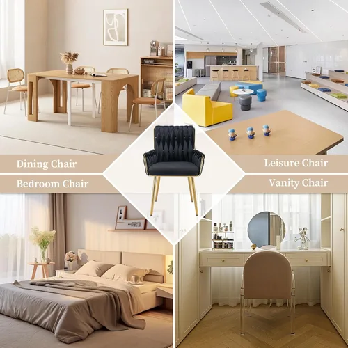 Miniatura 9 de ABET Silla de escritorio de oficina sin ruedas, silla de tocador de terciopelo tejido con respaldo y reposabrazos, cómoda y tapizada con patas