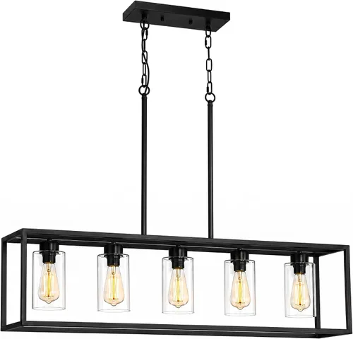 Miniatura 6 de Lámpara de comedor negra de 5 luces, candelabros modernos de granja, iluminación rectangular lineal para isla de cocina, iluminación colgante