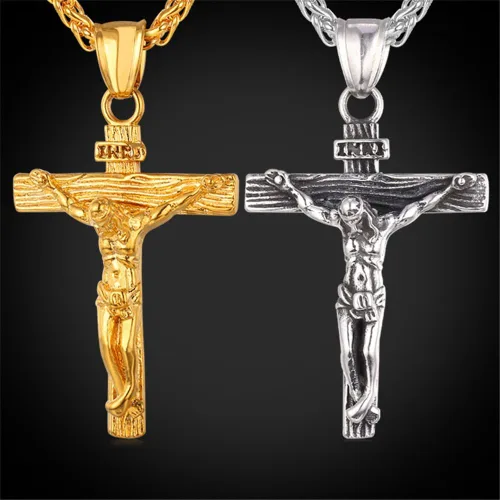 Miniatura 6 de U7 Men Crucifix Cross Pendant with Chain Baptism Christian Jewelry Stainless Steel18K Gold Antique Jesus Necklace Gift PackedLength 22