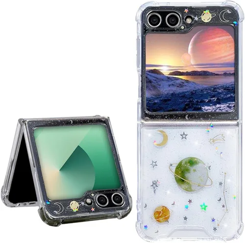 Miniatura 10 de Abbery Funda transparente para Samsung Galaxy Z Flip 3 5G, transparente y con diseño de purpurina bonita con purpurina floral prensada de Rosa