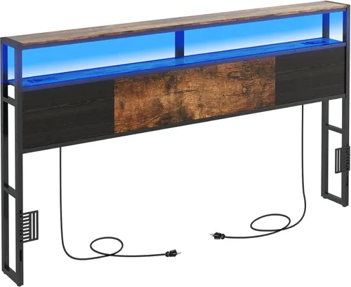 Miniatura 9 de Livofloral Cabecera de tamaño completo, cabeceros con estación de carga, puerto USB y luz LED, tablero principal con estante de almacenamiento de 2