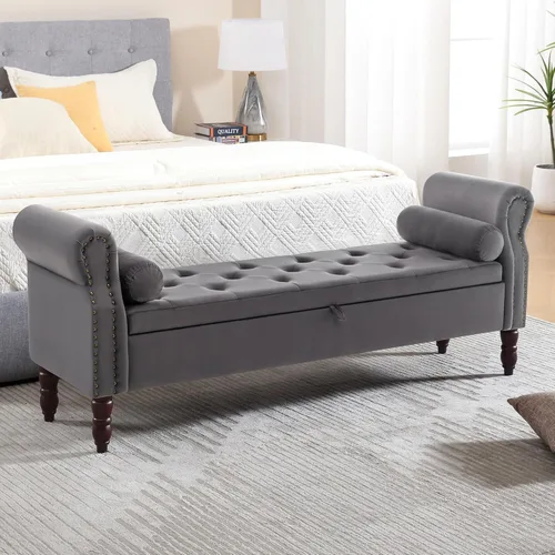 Miniatura 12 de Banco de Almacenamiento para Dormitorio, Banco de Pie de Cama de 67" Tamaño King, Banco de Terciopelo para Dormitorio con Almacenamiento, Bancos