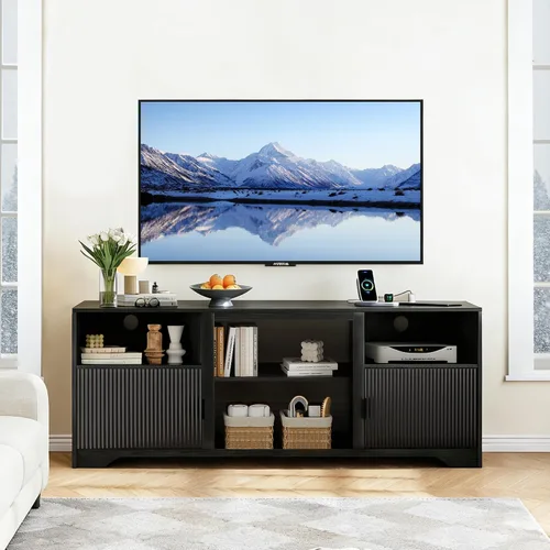 Miniatura 3 de Soporte de TV acanalado para televisores de hasta 80 pulgadas, moderno soporte de TV de mediados de siglo con estante ajustable abierto, centro