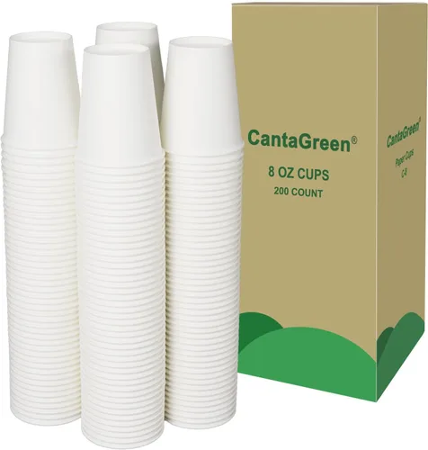 CantaGreen 200 tazas de café de papel blanco resistentes de 8 onzas, taza desechable para bebidas calientes y frías