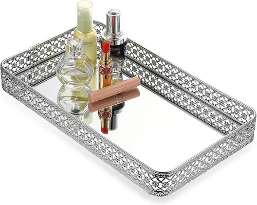 Miniatura 14 de ELLDOO Bandeja Dorada para Perfumes y Maquillaje - Almacenamiento de Joyas con Tallado Hueco, Organizador de Baratijas de Cristal y Metal para Dorado