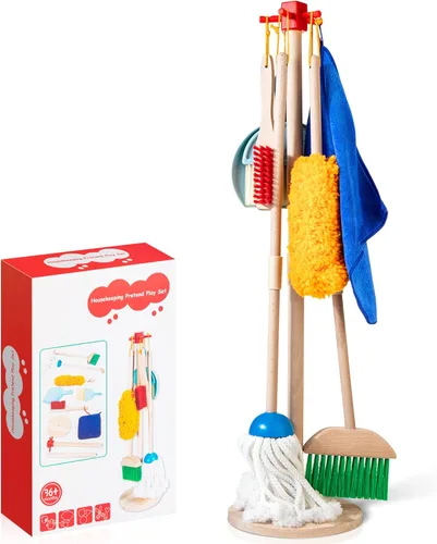 Conjunto de limpieza de madera para niños pequeños, 8 piezas de juguetes de limpieza Montessori con escoba y trapeador para niños, juguete de