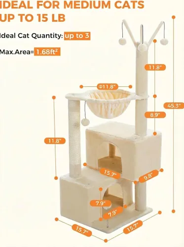 Miniatura 5 de Árbol para gatos de 45 pulgadas para gatos de interior, torre compacta para gatos con 2 condominios, cama hamaca y 5 juguetes de bola colgantes