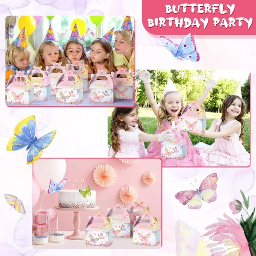 Miniatura 5 de Nezyo - 12 cajas de regalo de fiesta de mariposa, cajas de regalo de dulces de papel floral rosa morado a dos aguas con mango de mariposa
