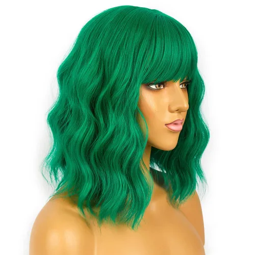 Miniatura 2 de LANICE Peluca verde para mujer, pelucas cortas estilo Bob con flequillo, peluca sintética natural, longitud al hombro, pelucas coloridas para uso