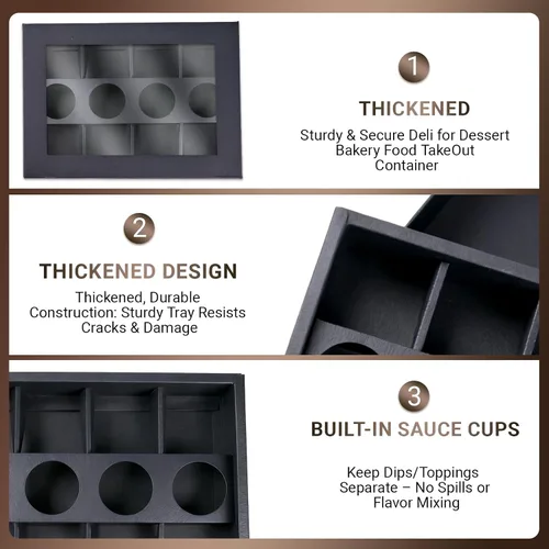Miniatura 6 de Caja de pastelería desechable de 8 compartimentos con tapas, 10 unidades, caja negra dividida para panadería con soporte para inmersión para 4-6