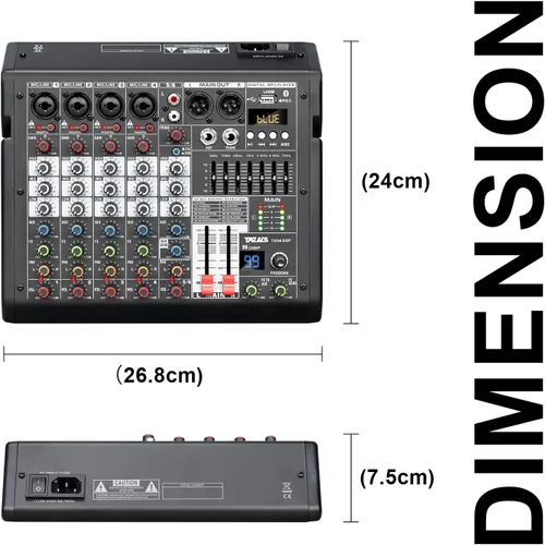 Miniatura 7 de Mezclador de audio, mezclador profesional de DJ de 6 canales con efectos DSP de 99 bits, ecualizador de 7 bandas, alimentación fantasma de 48 V