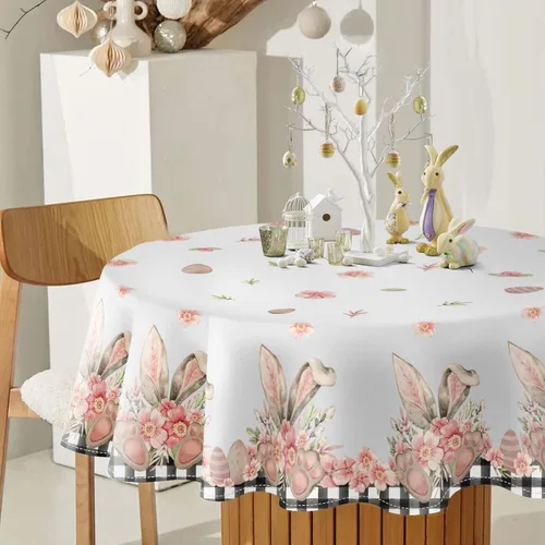 Mantel redondo de Pascua de 60 pulgadas, mantel de flores de conejo a cuadros, resistente a las manchas y a las arrugas, lavable, para primavera,