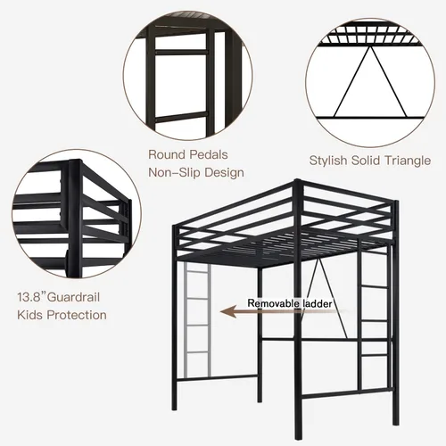 Miniatura 5 de ikalido - Cama elevada de metal tamaño individual con barandilla de seguridad y escalera, no necesita somier, muebles de dormitorio que ahorran