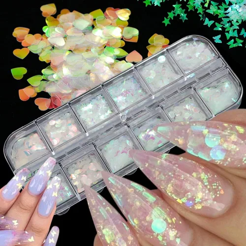 Miniatura 3 de 24 rejillas de lentejuelas holográficas para uñas y 1 pinza Adhesivo iridiscente con purpurina de copos de sirena ultra finos y coloridos
