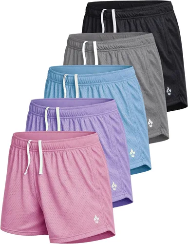 Miniatura 9 de Liberty Imports Paquete de 5 pantalones cortos deportivos de malla para mujer, entrepierna de 5 pulgadas, pantalones cortos sueltos con bolsillos