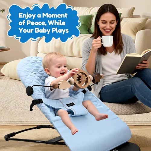 Miniatura 6 de Barra de juguete de actividad de madera natural para bebé Bjorn Bouncer, juguetes colgantes de luna sonriente giratoria de 360° para asiento