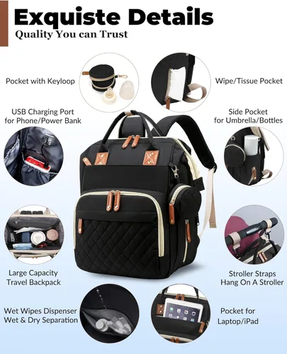 Miniatura 3 de Bolsa de pañales con estación de cambio, mochila impermeable 3 en 1 para pañales de bebé con almohadilla de cambio plegable, mochila de viaje grande