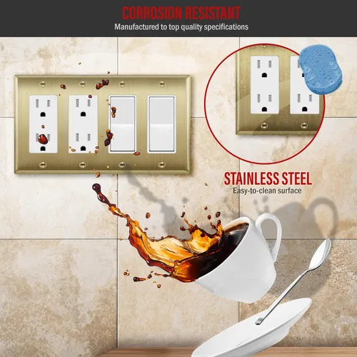Miniatura 3 de ENERLITES Placa de pared metálica decorativa para interruptor o tomacorriente, acero inoxidable 201, resistente a la corrosión, tamaño 4-Gang 4.50