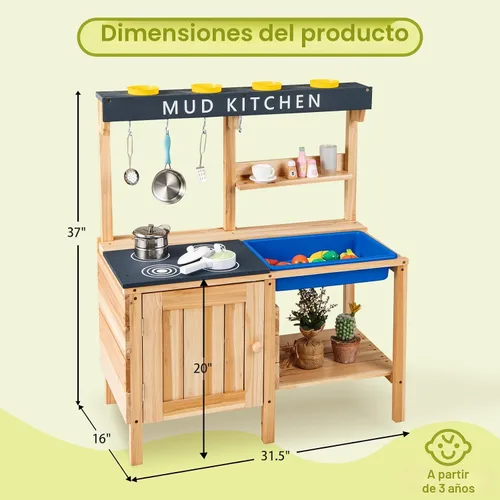 Miniatura 7 de HONEY JOY Cocina de barro, cocina de madera de cedro para niños pequeños, fregadero extraíble, accesorios de cocina, caja de maceta, armario