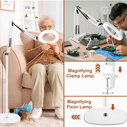 Miniatura 5 de LANCOSC 10X Lupa con luz y soporte, lámpara de pie oscilante ajustable 3-en-1, 5 modos de color, atenuación sin escalones, lupa manos libres con luz
