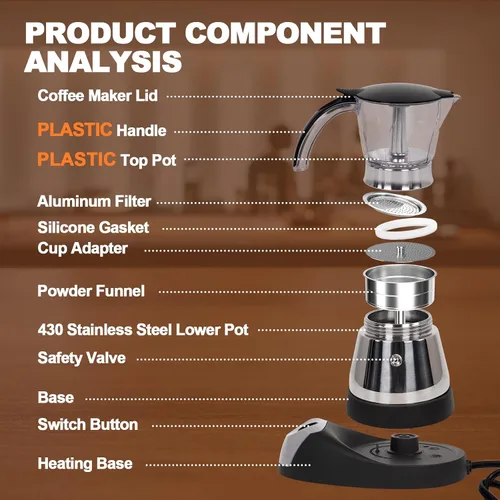 Miniatura 3 de Olla eléctrica Moka de 3 a 6 tazas de 5.1-10.1 fl oz de plástico transparente, cafetera portátil de acero inoxidable, cafetera italiana, máquina