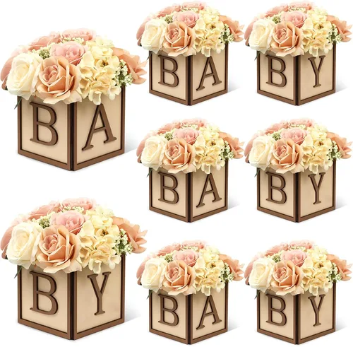Miniatura 16 de Juego de 4 centros de mesa de baby shower para mesas, cajas de madera de 6 pulgadas con letras de bebé, cubos rústicos, bloques de madera para Rosa