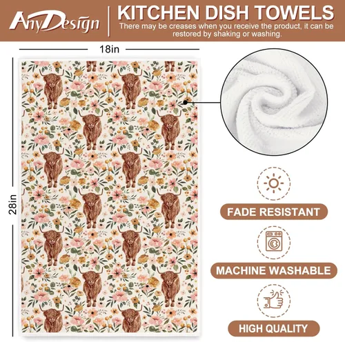 Miniatura 2 de AnyDesign Toalla de cocina de vaca de las tierras altas con diseño bohemio floral de las tierras altas, 18 x 28 pulgadas, paño de cocina de granja