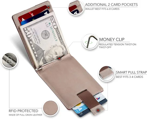 Miniatura 3 de SERMAN BRANDS Billeteras de cuero genuino minimalista con bloqueo RFID para hombres con clip para dinero, regalo fino