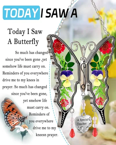 Miniatura 2 de KY &BOSAM - Atrapa luz de vitral con mariposa de color, con la frase A special teacher. Campanilla para el viento, como regalo para la profesora