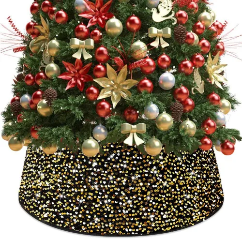 Miniatura 10 de FUHSY Collar Negro de Árbol de Navidad de 24 Pulgadas, Falda de Árbol de Navidad con Lentejuelas, Terciopelo Metálico, Falda de Árbol de Halloween