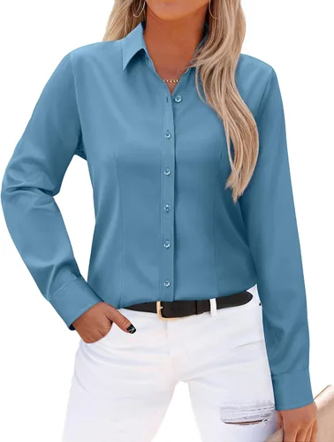 Miniatura 19 de Gleeivy - Camisas abotonadas para mujer, sin arrugas, de manga larga, camisas de vestir casuales con cuello V, ajustadas, de un solo
