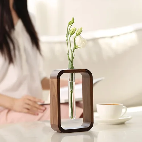 Miniatura 5 de Transprent - Jarrón de vidrio de tubo de ensayo, jarrón hidrófilo para plantas, marco de madera de nogal, soporte de flores, mesa de jardín