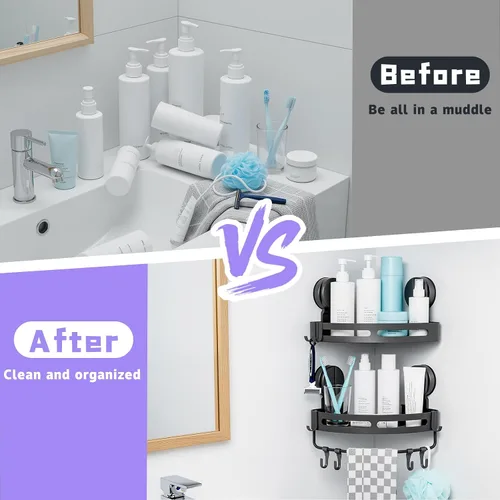 Miniatura 7 de Estante de ducha de esquina con ventosa, sin perforaciones, organizador de ducha de baño, estante de almacenamiento con ganchos para barra de toalla