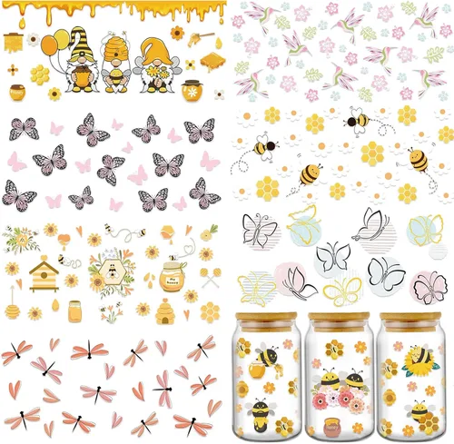 Rngmsi Envoltura de Taza UV DTF - 8 Hojas Envolturas de Taza UV DTF de Abeja para 16 oz, Calcomanías Uvdtf de Gnomos Mariposa Panal, Calcomanías de