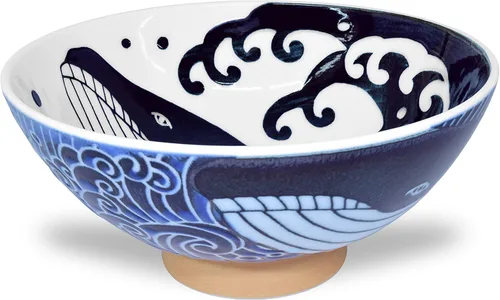 Miniatura 10 de Mino Ware - Tazón de arroz japonés, sopa de fideos de ramen de arroz, pasta Sarada, Chawn de ballena ondulada, 4.6 pulgadas, 10 onzas, juego de 2