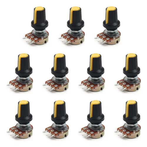 Miniatura 9 de Heyiarbeit Potenciómetro de película de carbono WH148 de 100 K Ohm, potenciómetro giratorio de una sola vuelta con pomos negros, 3 pines, 0.591 in