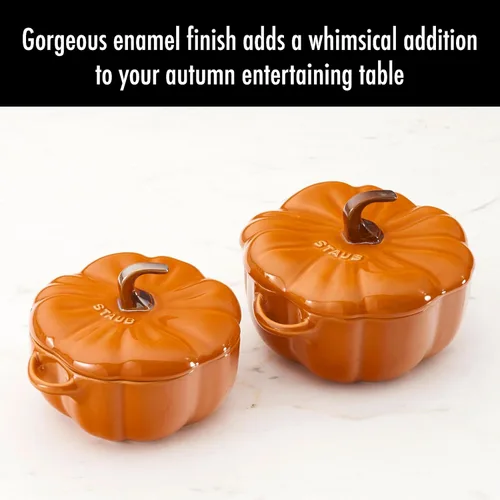 Miniatura 4 de STAUB Calabaza Pequeña de Cerámica de 0.75 cuartos, Segura para Horno y Estufa hasta 572°F, Plato de Calabaza, Horneado Color Naranja Caramelo