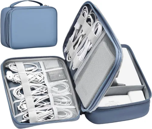 Organizador de accesorios electrónicos de gran capacidad con divisor ajustable, organizador de cordón de cuero impermeable, a prueba de golpes,