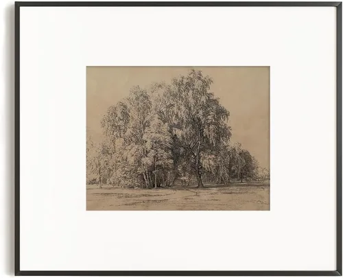 Miniatura 8 de Póster con estampado de árboles del bosque, color beige, dibujo de paisaje, grabado rústico, gris, arte de pared apagado, boceto gris neutro