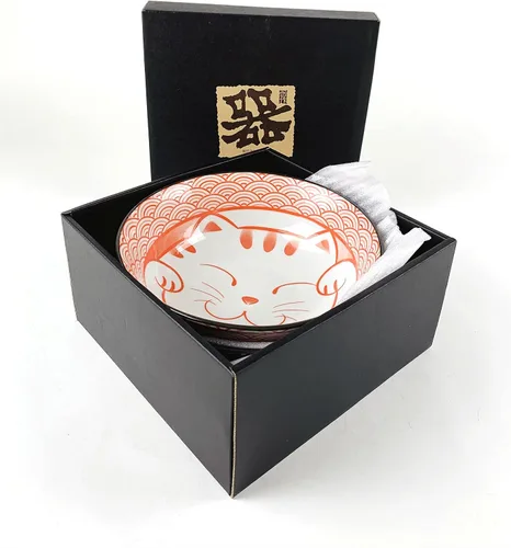 Miniatura 2 de JapanBargain 4694 - Juego de 2 cuencos de sopa y cucharas japonesas grandes de porcelana japonesa, cuencos de ramen con patrón de gato de la suerte