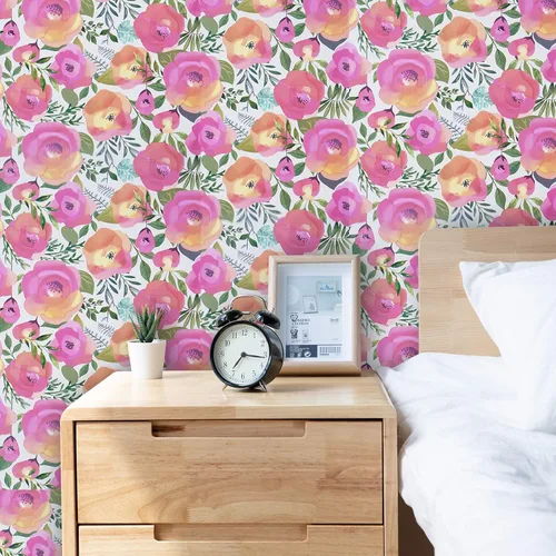 Miniatura 4 de WENMER Papel tapiz floral rosa para despegar y pegar de 17.7 x 1181 pulgadas, acuarela decorativa de flores rosas durazno, extraíble, para armario