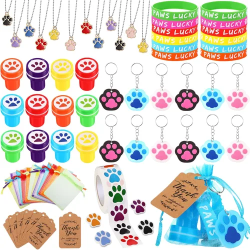 Chivao Juego de 85 piezas de recuerdos de fiesta de pata de perro con pulsera de silicona con estampado de pata, llavero, cadena colgante, bolsa de